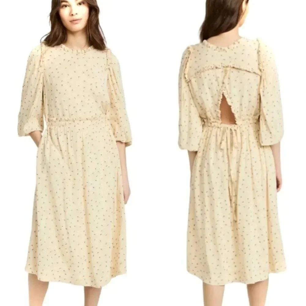 NEW Munthe Curtis Open Back Embroidered Floral Midi Dress Pale Yellow Size 8
